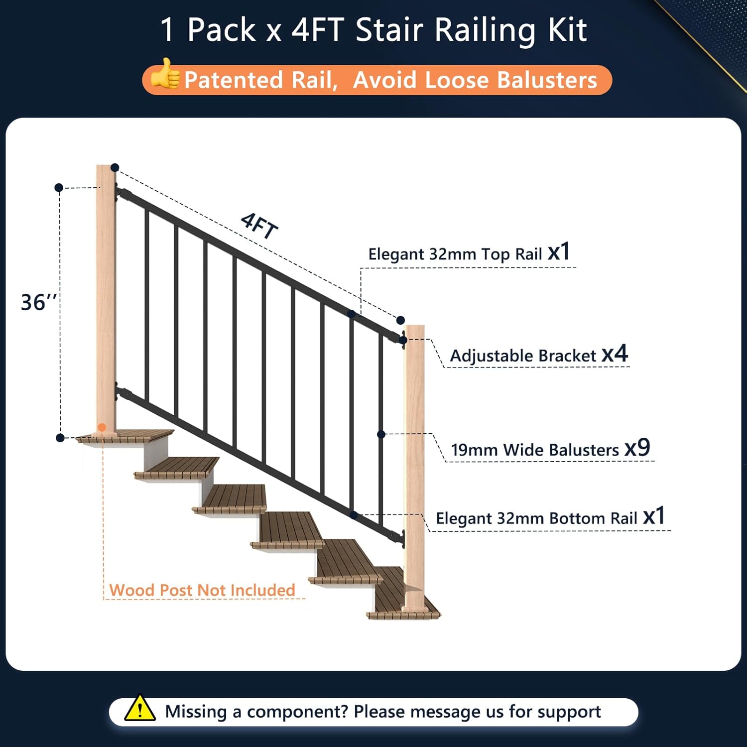 Modular 1 Pack 4ft x 36in Aluminum Deck Railing Kits for Stairs, AAMA 2604–Grade Textured Matte Black Porch Railing Kit, Decking Railings for Outdoor Decks and Porches